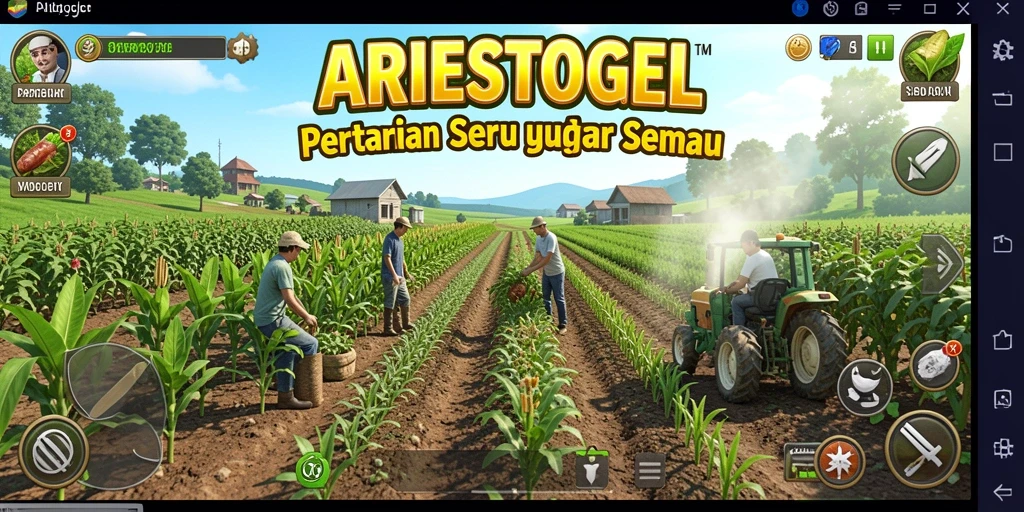 Tampilan gameplay dalam <strong>ARIESTOGEL</strong> yang menampilkan ladang subur dan hewan ternak.