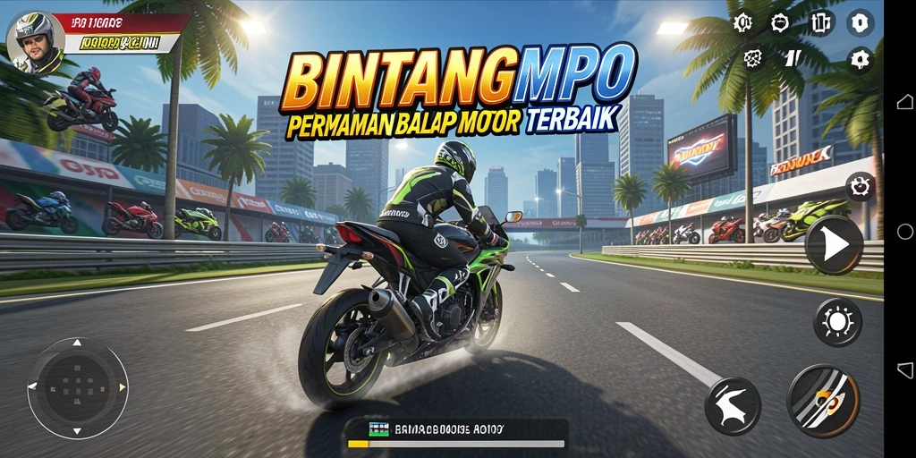 Gameplay seru BINTANGMPO yang menampilkan balapan motor mendebarkan.