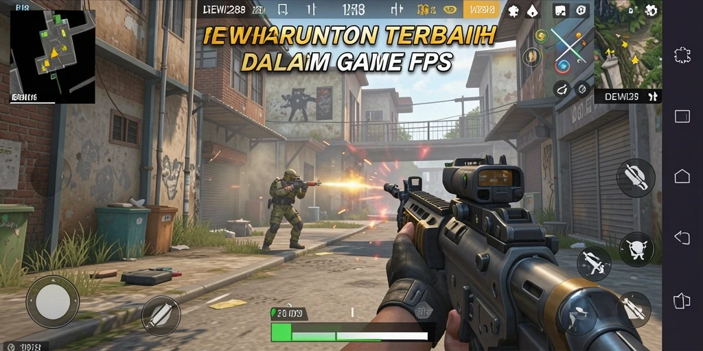 Tangkapan layar gameplay DEWI288 yang menampilkan aksi tembak-menembak yang intens.
