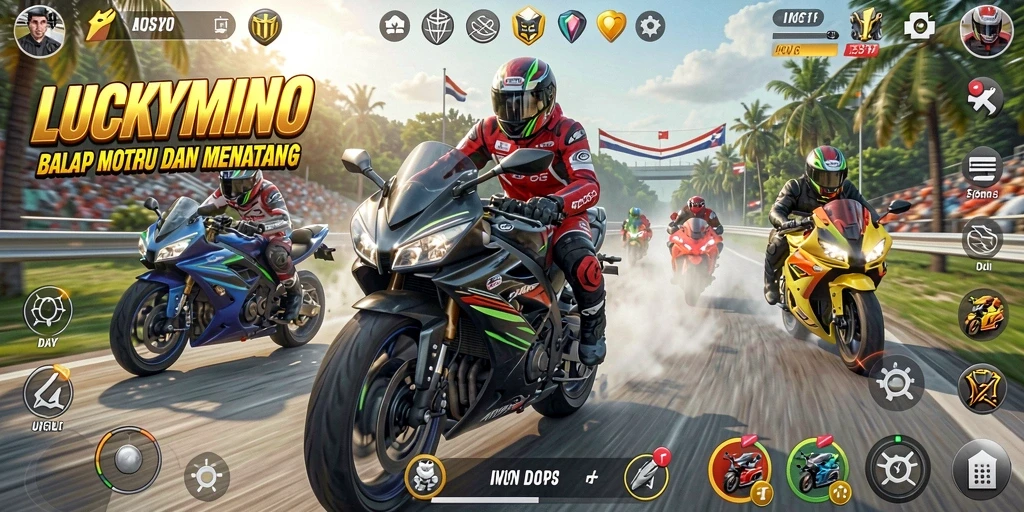Tampilan gameplay LUCKYMINO dengan kecepatan dan aksi balap motor.