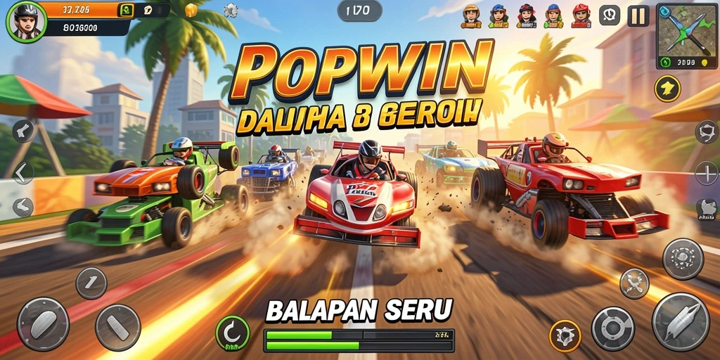Tangkapan layar utama <strong>POPWIN</strong> menampilkan aksi balapan seru dan grafis menawan.