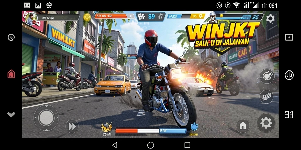 Screenshot gameplay WINJKT dengan mobil balap di jalur yang menantang.